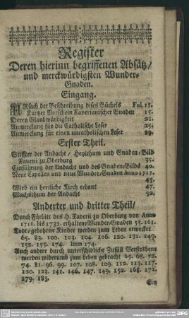 Register Deren hierinn begriffenen Absätz, und merckwürdigesten Wunder-Gnaden