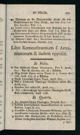 283-290, Libri Remonstrantium s. Arminianorum & iisdem oppositi
