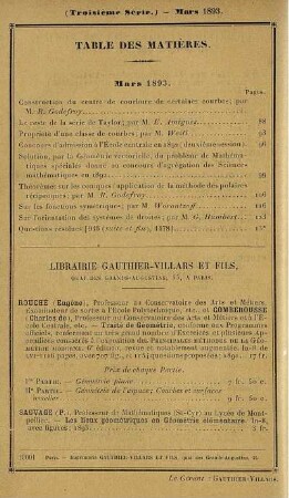Table des matières. Mars 1893.