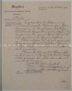 Berufungsschreiben des Magistrats von Posen für den Lehrer Kurt Diebel, mit Gehaltsangaben; 26. Febr. 1906