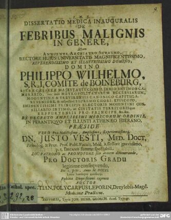 Dissertatio Medica Inauguralis De Febribus Malignis In Genere