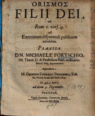 Horismos Filii Dei : ex Rom. I. vers. 4.