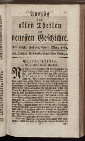 XIII. Nachl. Coburg, den 31. Merz, 1762.