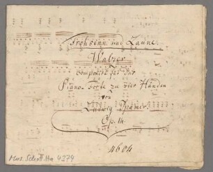 Frohsinn und Laune, pf 4hands, A-Dur, Arr - BSB Mus.Schott.Ha 4374 : [title page, p. 1] Frohsinn und Laune. // Walzer // componirt für das // Piano-Forte zu vier Händen // von Ludwig Spamer. // Op. 14.