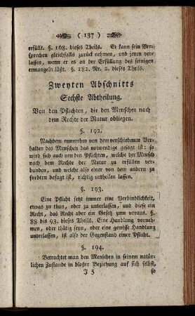 Sechste Abtheilung. Von den Pflichten, die den menschen nach dem Rechte der Natur obliegen.