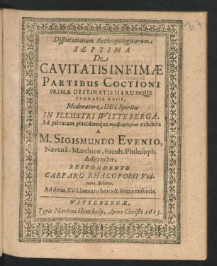 Disputationum Anthropologicarum Septima De Cavitatis Infimae Partibus Coctioni Primae Destinatis Harumque Cognatis Aliis