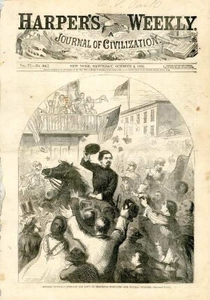 General Mc Clellan entering the town of Frederick, Maryland. The popular welcome : General Mc Clellan zieht mit seiner Truppe in die Stadt Frederick ein, wo ihm die Bevölkerung einen begeisterten Empfang bereitet