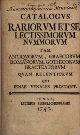 Catalogus variorum ... Nummorum ... qui Jenae venales prostant