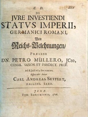 De iure Investiendi Status Imperii, Germanici Romani : Von Reichs-Belehnungen