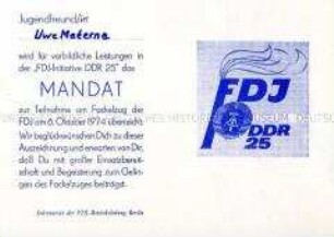 Mandat zur Teilnahme am Fackelzug der FDJ anlässlich des 25. Jahrestages der DDR