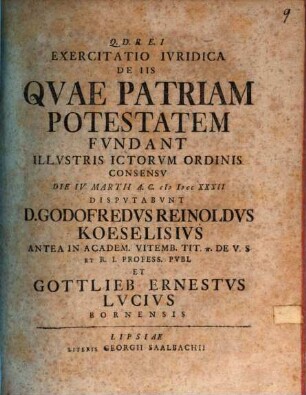 Exercitatio Iuridica De Iis, Quae Patriam Potestatem Fundant
