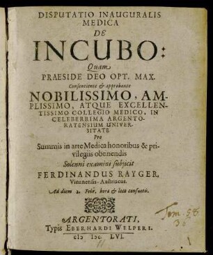 Disputatio Inauguralis Medica De Incubo