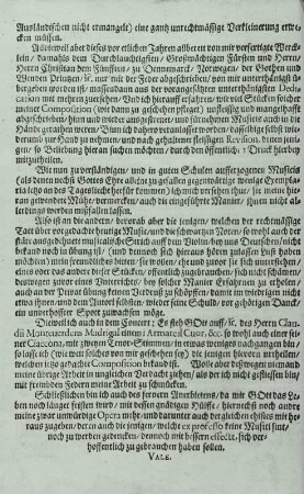 Schütz, Heinrich: Symphoniae sacrae, Teil II op. 10 : Schütz, Heinrich: Symphoniae sacrae, Teil II op. 10. Zweite Seite der Vorrede im Stimmbuch Bassus pro Violone. Dresden: Gimel Bergen Erben, 1647. Buchdruck (zweifarbig); 26,8 x 18,7 cm. Dresden: SLUB Mus.1479-E-2