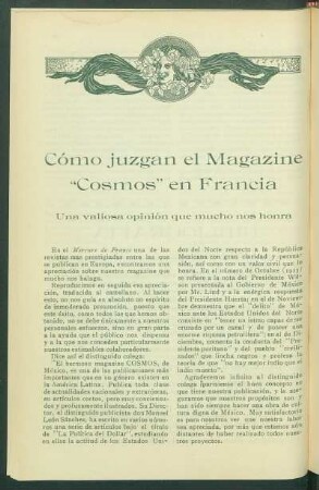 Cómo juzgan el magazine "Cosmos" en Francia : Una valiosa opinión que mucho nos honra. [De "Le Mercure de France".]