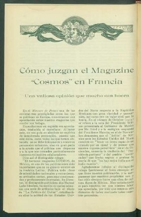 Cómo juzgan el magazine "Cosmos" en Francia : Una valiosa opinión que mucho nos honra. [De "Le Mercure de France".]