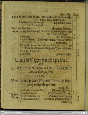 Classis Vigesima Septima. De Syrupis Tam Simplicibus quàm Compositis