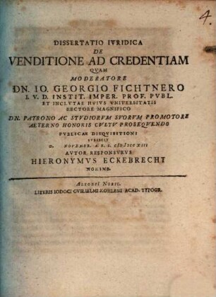 Dissertatio Ivridica De Venditione Ad Credentiam
