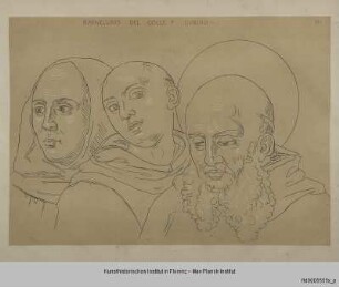 Köpfe des Heiligen Benedikt und zweier Gefährten (nach einem Fresko von Raffaello dal Colle in San Pietro in Gubbio)