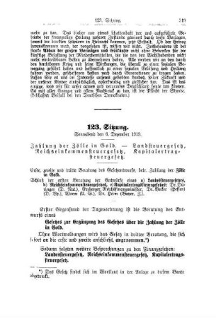 123. Sitzung. Sonnabend den 6. Dezember 1919