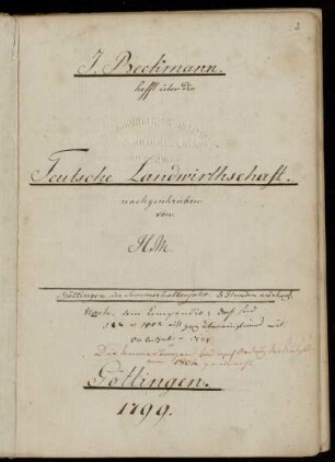 J. Beckmann. Hefft über die Teutsche Landwirthschaft. [Vorlesungsnachschrift.], Göttingen, 1799 : Beckmann, Teutsche Landwirthschaft [Rückentitel]