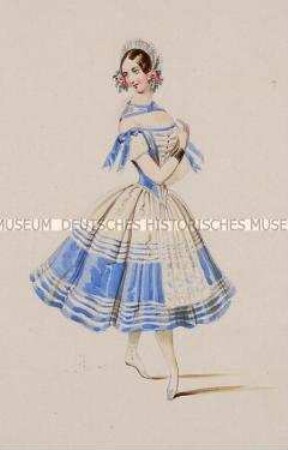 Frau im weitschwingenden blau-weißen Kleid - Tafel aus Franceschini/Kostümbilder (Kassette 2)