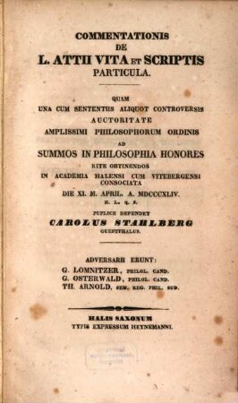 Commentationis De L. Attii Vita Et Scriptis Particula