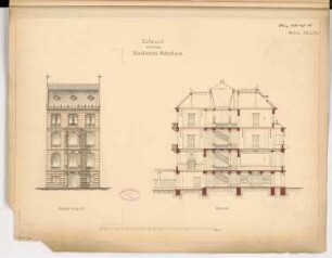 Städtisches Wohnhaus, Berlin Monatskonkurrenz März 1888: Aufriss Vorderansicht, Längsschnitt; Maßstabsleiste