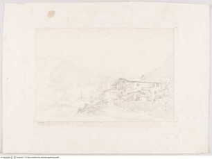Alpines Gehöft mit Wohnhaus und Scheune an Fluß, im Hintergrund Kirchturm mit Spitzhelm