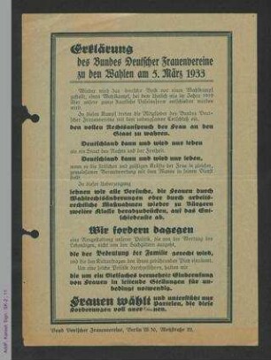 Flugblatt des Bundes Deutscher Frauenvereine zur Reichstagswahl 1933