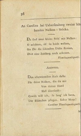 An Caroline bei Übersendung zweier blühenden Nelken - Stöcke.