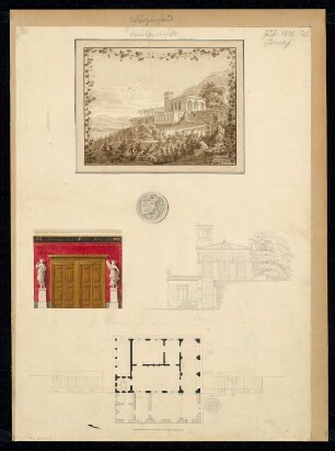 Winzerhaus Monatskonkurrenz Juli 1828: Grundriss unteres und oberes Stufengeschoss, Aufriss Seitenansicht, perspektivische Ansicht, Aufriss Innenraumwand mit Tür, Detail: Wandschmuckrosette; Maßstabsleiste