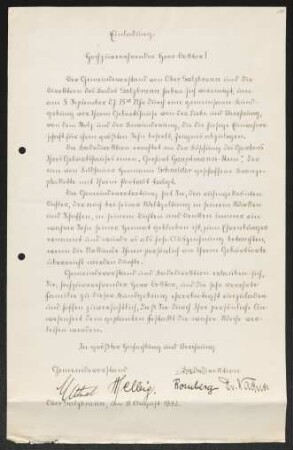 Brief von Unbekannt von Fürstlich Plessische Badedirektion , Ober Salzbrunn / Bürgermeister an Gerhart Hauptmann