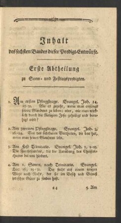Inhalt des sechsten Bandes dieser Predigt-Entwürfe.