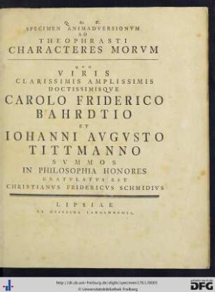 Specimen Animadversionvm Ad Theophrasti Characteres Morvm