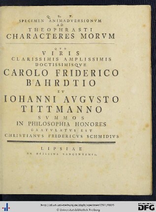 Specimen Animadversionvm Ad Theophrasti Characteres Morvm