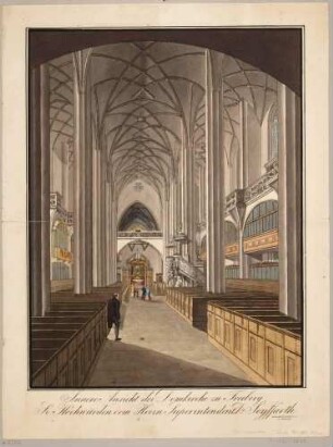 Der Dom St. Marien in Freiberg, Innenansicht zum Altar, rechts im Hintergrund die Tulpenkanzel, mit Widmung für Traugott August Seyffarth (1762-1831)