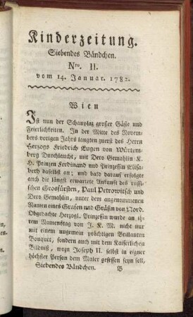 Kinderzeitung. Siebendes Bändchen. Nro. II. vom 14. Januar. 1782.