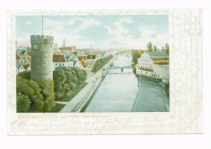 "Neckar- und Badstraße" - Gesamtansicht mit Bollwerksturm, Blick auf nördliche Altstadt und Untere Neckarstraße, rechts Hefenweiler und Neckarwehr (color)