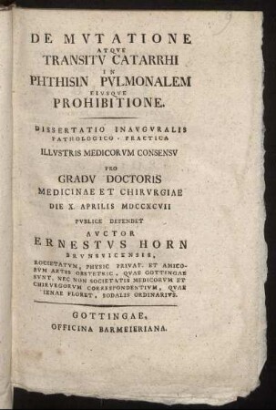 De Mutatione Atque Transitu Catarrhi In Phthisin Pulmonalem Eiusque Prohibitione : Dissertatio Inauguralis Pathologico-Practica ... ; Die X. Aprilis MDCCXCVII
