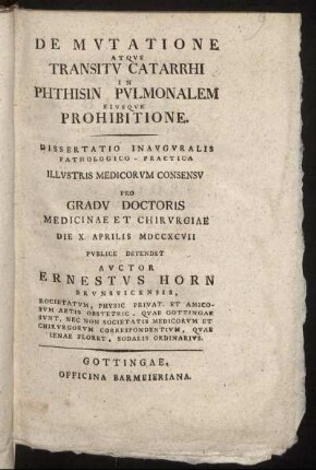 De Mutatione Atque Transitu Catarrhi In Phthisin Pulmonalem Eiusque Prohibitione : Dissertatio Inauguralis Pathologico-Practica ... ; Die X. Aprilis MDCCXCVII