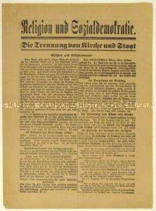 Flugblatt der SPD zur Trennung von Staat und Kirche und Aufruf zur Wahl der Nationalversammlung 1919
