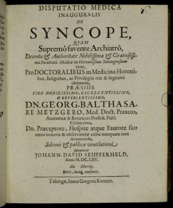 Disputatio Medica Inauguralis De Syncope