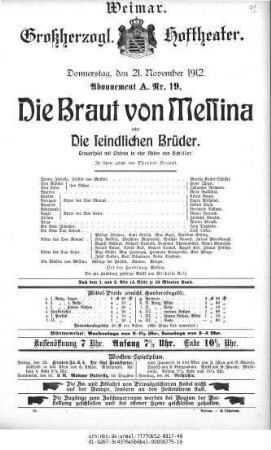 Die Braut von Messina oder Die feindlichen Brüder