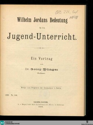 Wilhelm Jordans Bedeutung für den Jugend-Unterricht : ein Vortrag