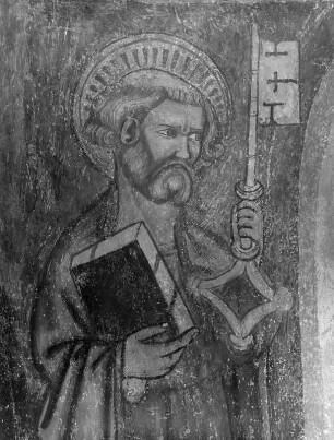 Die zwölf Apostel : Die zwölf Apostel. Fresko (1386/1400?). Apostel Petrus. Weitensfeld-Flattnitz-Zweinitz, Pfarrkirche Sankt Ägidius, Apsis