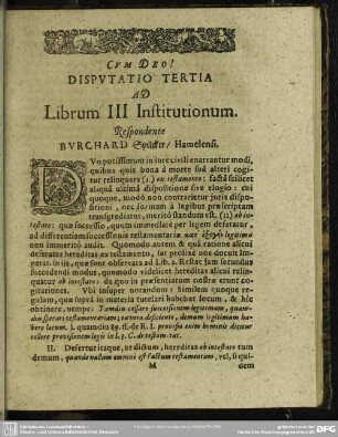Disputatio Tertia Ad Librum III Institutionum. Respondente Burchard Spilcker, Hamelensi