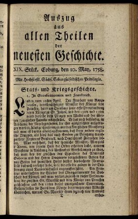XIX. Stück. Coburg, den 10. May. 1758.