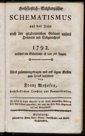 Hochfürstlich-Salzburgischer Schematismus auf das Jahr...1792.