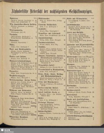 Alphabetische Uebersicht der nachfolgenden Geschäftsanzeigen