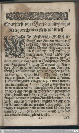 Churfürstliches Brandenburgisches Kriegsrecht oder Articulsbrieff